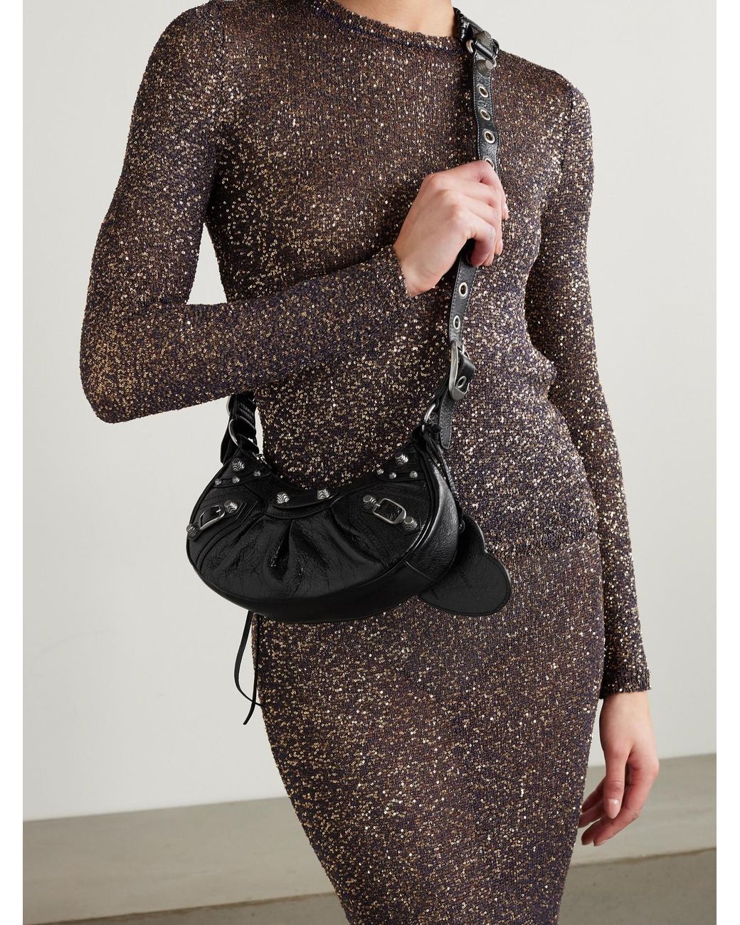 Balenciaga Black Le Cagole Xs Studded Crinkled-Leather Shoulder Bag