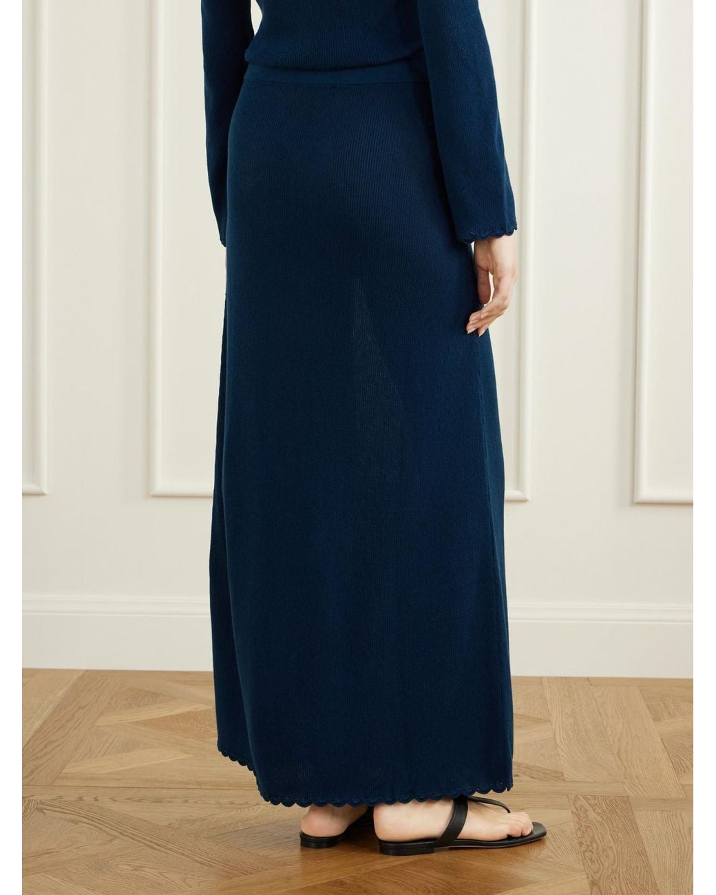 Escvdo Blue Bernabe Scalloped Ribbed Cotton Midi Skirt