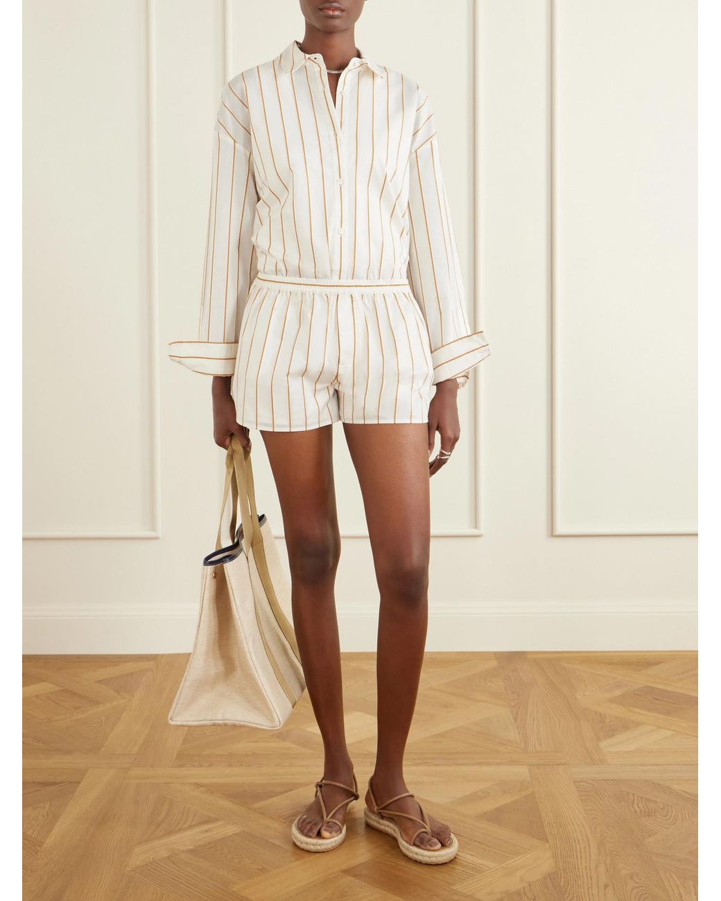 Staud Natural Rove Striped Cotton-Blend Shorts