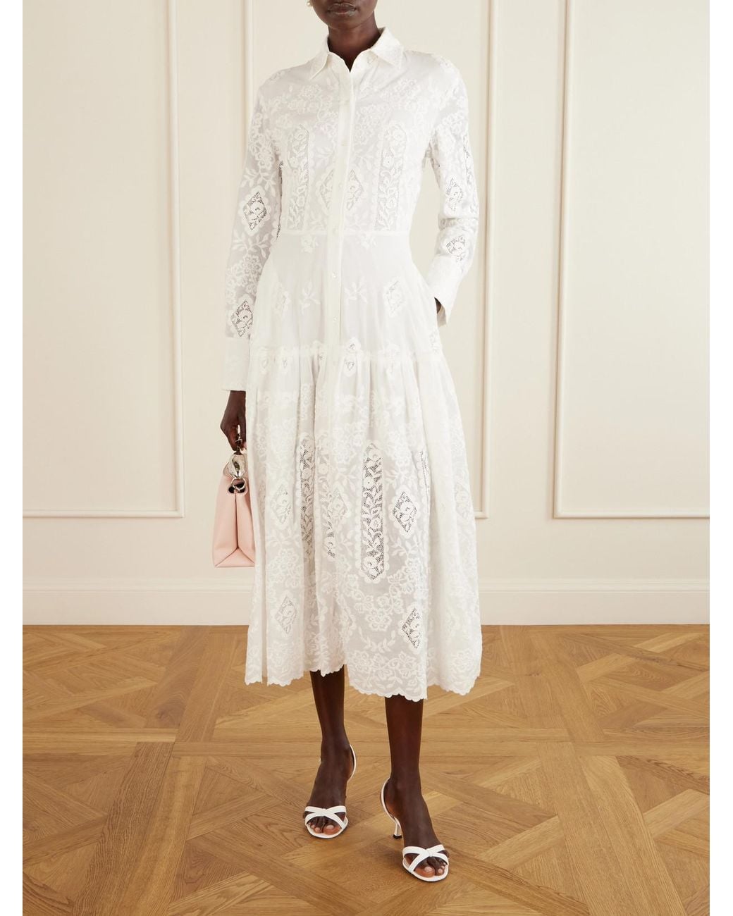 Erdem White Embroidered Cotton-Voile Midi Dress