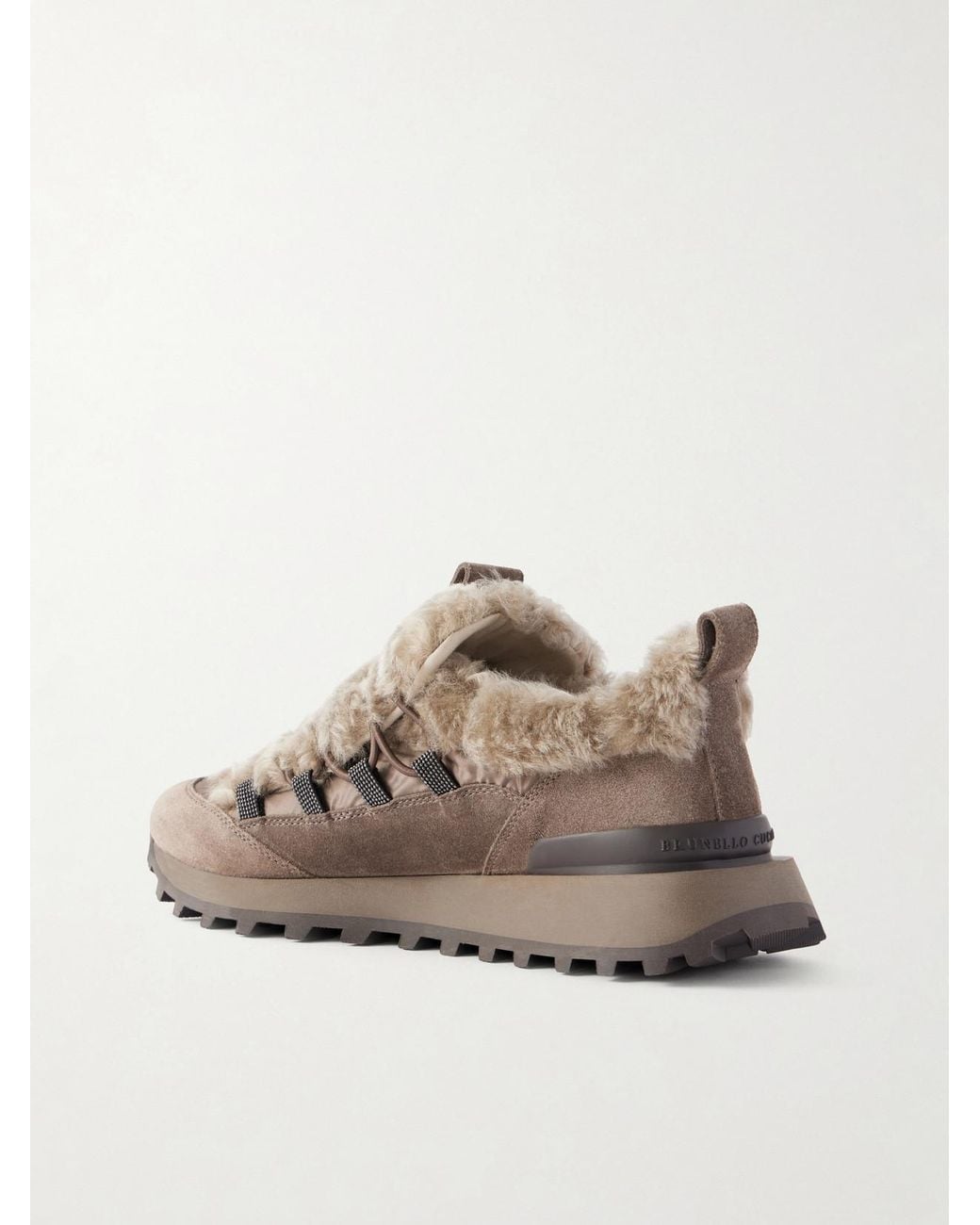 Brunello Cucinelli Gray Bead-Embellished Shearling-Trimmed Suede Sneakers