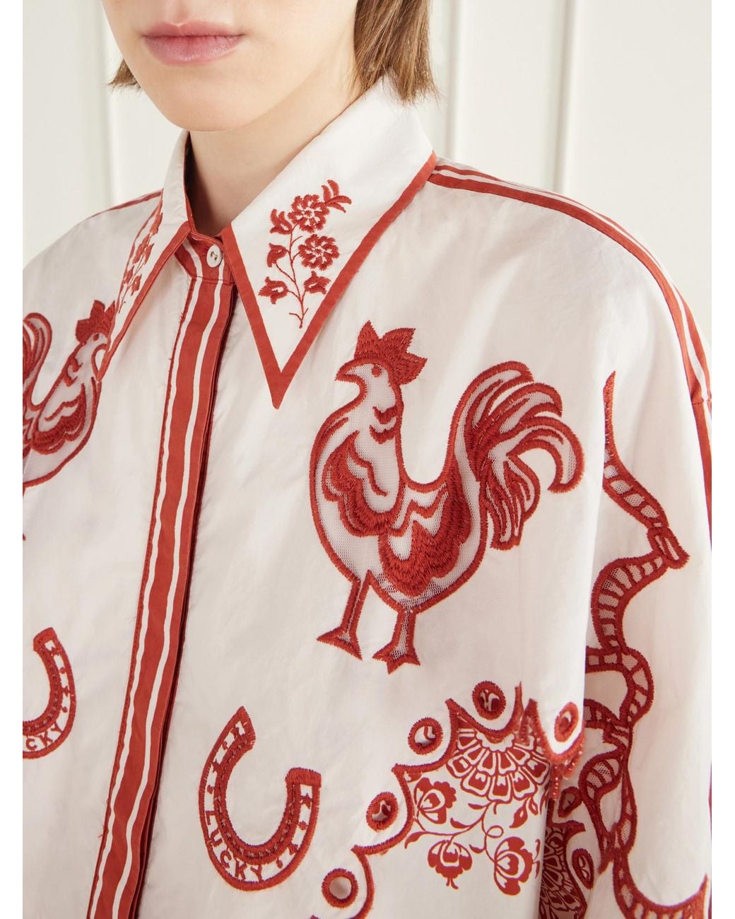 ALÉMAIS Giddy Scalloped Embroidered Printed Cotton-Poplin Shirt