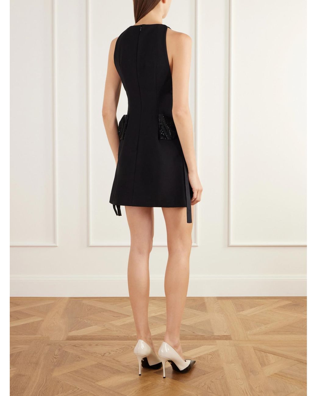 Self-Portrait Black Bow-Detailed Bead-Embellished Crepe Mini Dress