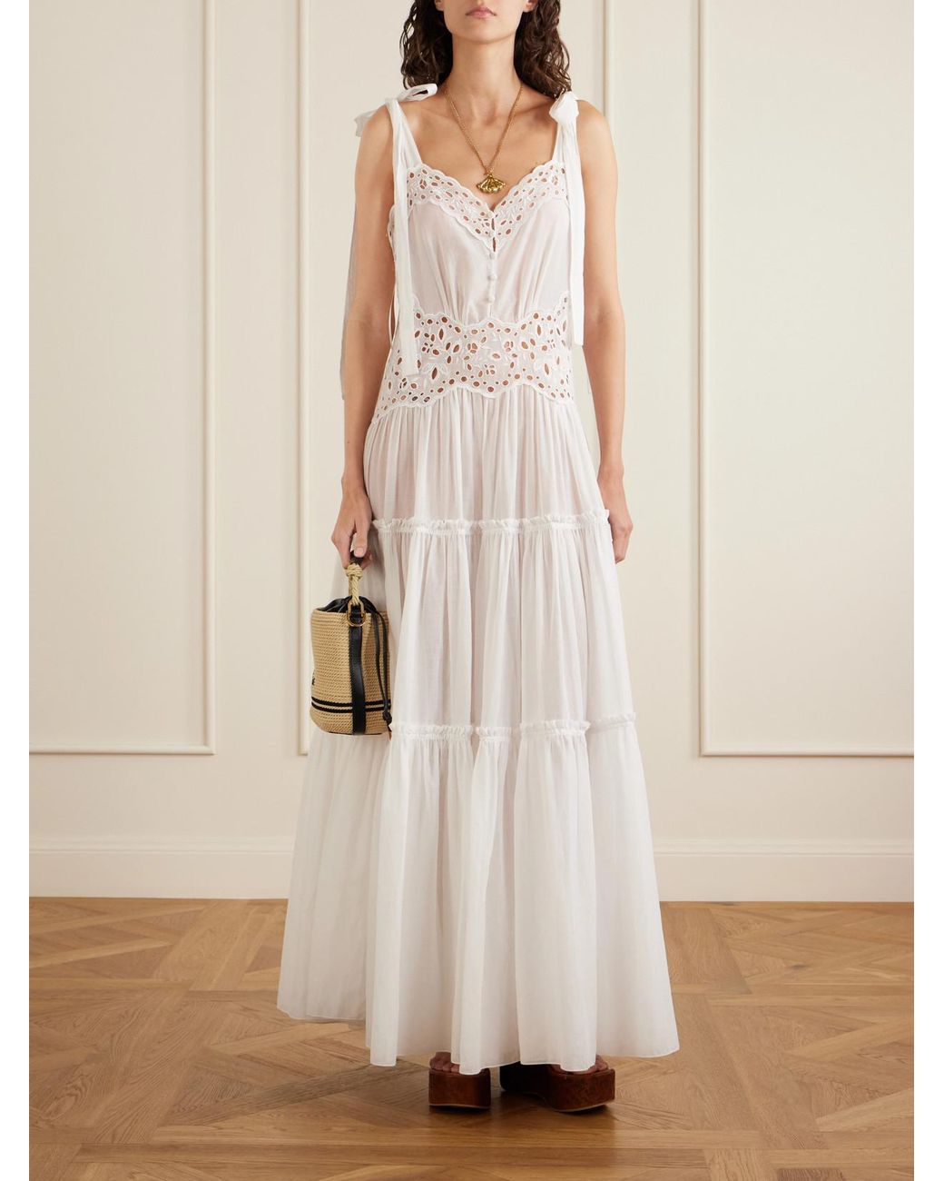 Chloé White Bow-Detailed Tiered Broderie Anglaise Cotton Maxi Dress