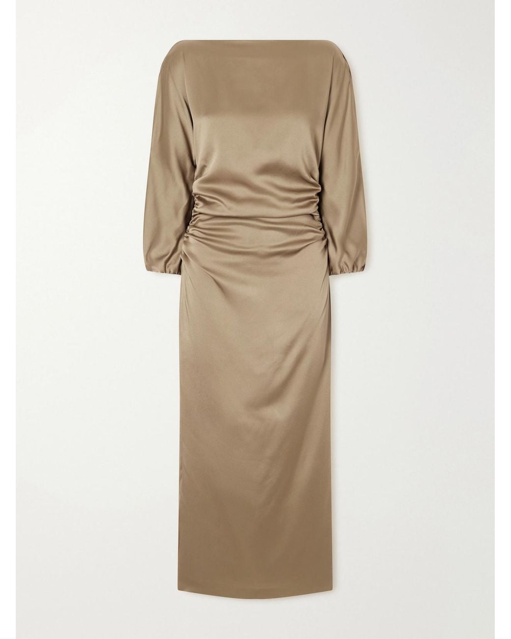 BERNADETTE Natural Ezra Ruched Satin Midi Dress