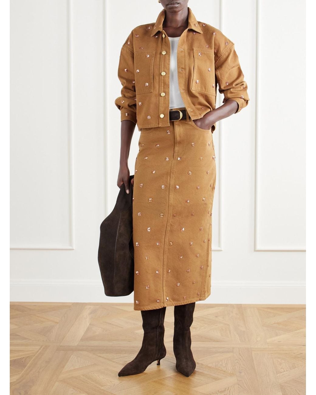 Ulla Johnson Natural The Verona Sequin-Embellished Denim Midi Skirt