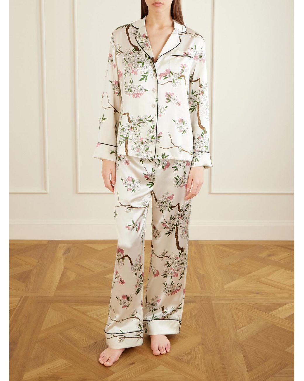 Olivia Von Halle White Lila Floral-Print Silk-Satin Pajama Set