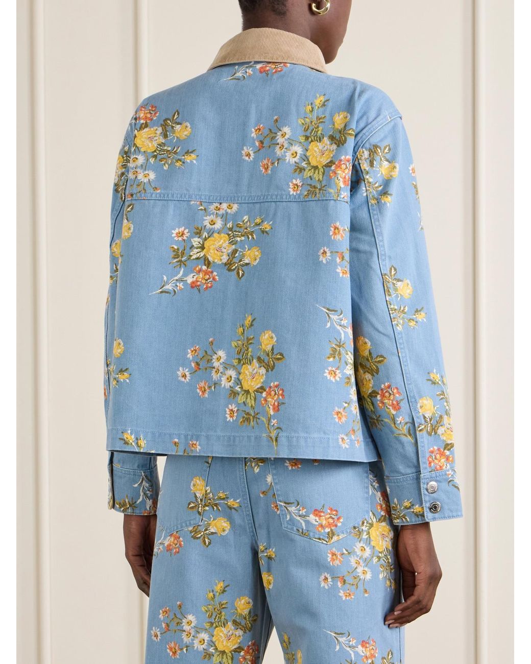 Veronica Beard Blue Leighton Corduroy-Trimmed Floral-Print Denim Jacket