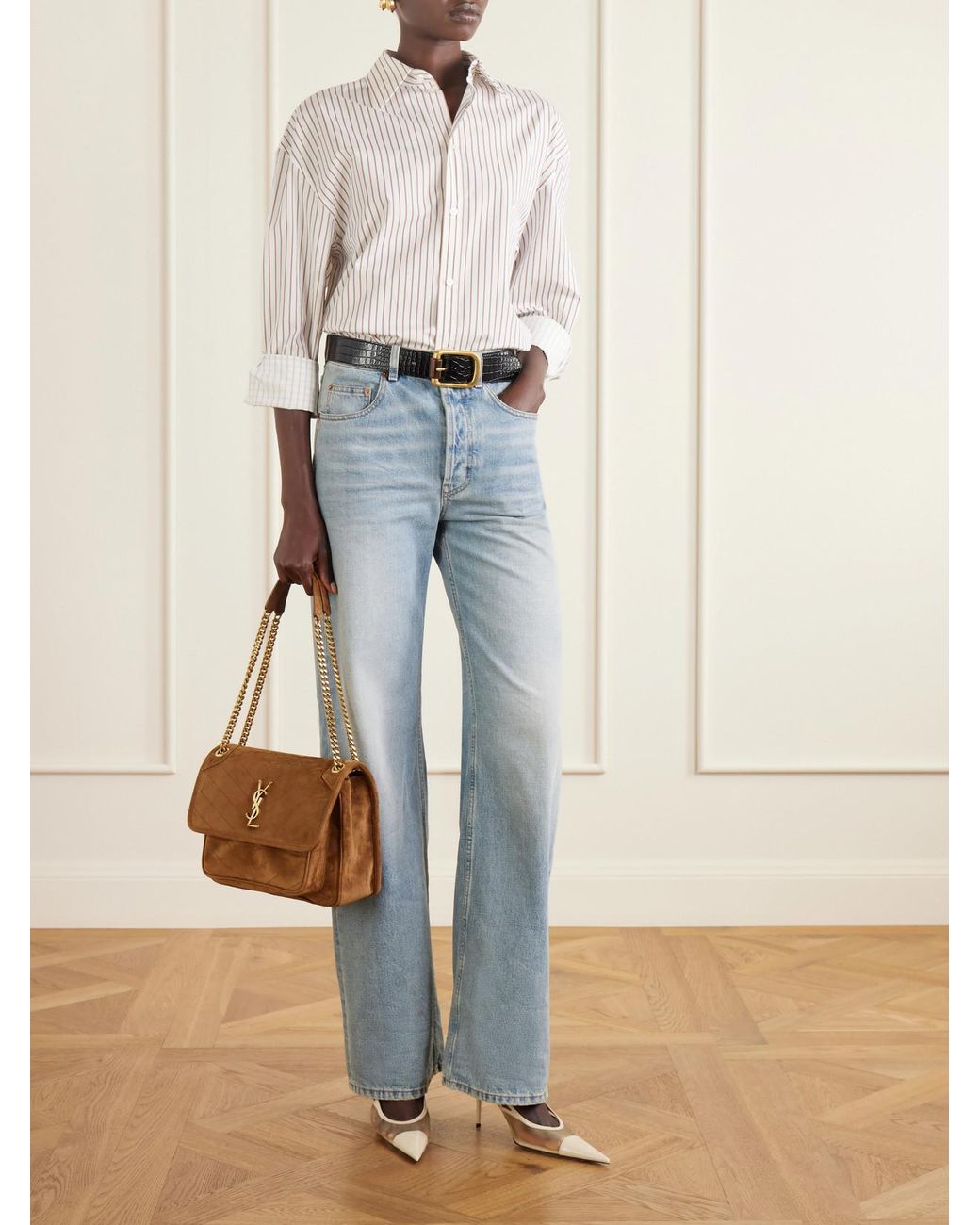 Saint Laurent Brown Niki Cassandre-Embellished Suede Shoulder Bag