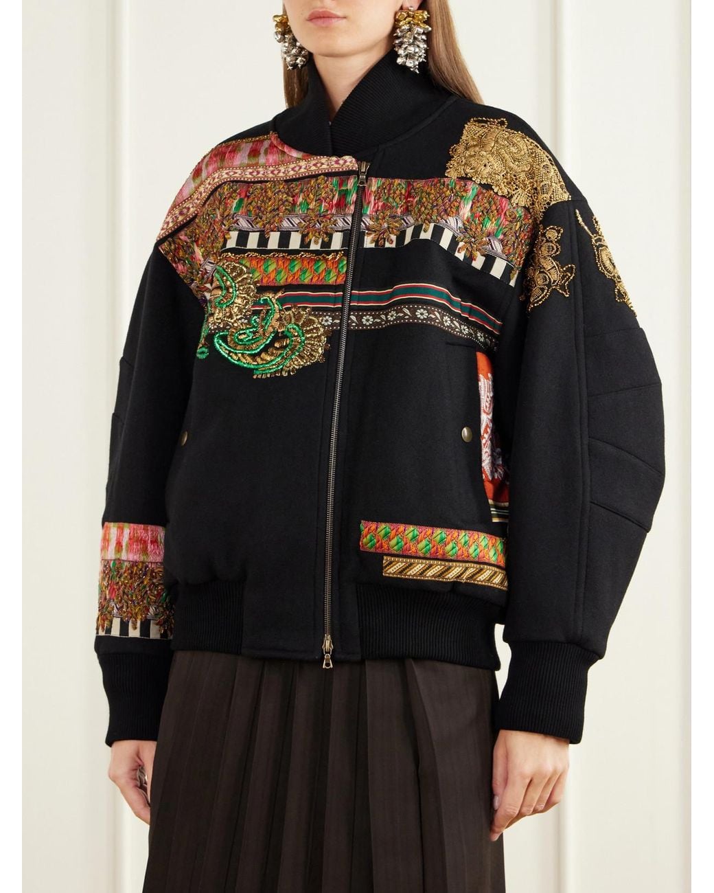 Dries Van Noten Black Embroidered-Embellished Rib-Trimmed Wool-Blend Twill Bomber Jacket