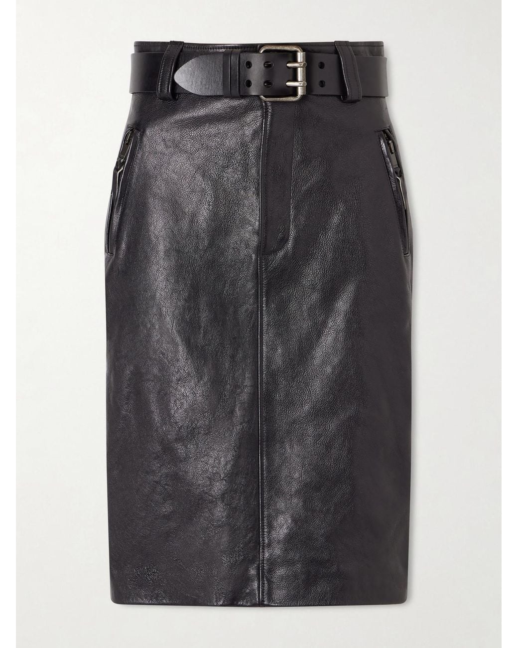 Saint Laurent Black Belted Textured-Leather Skirt