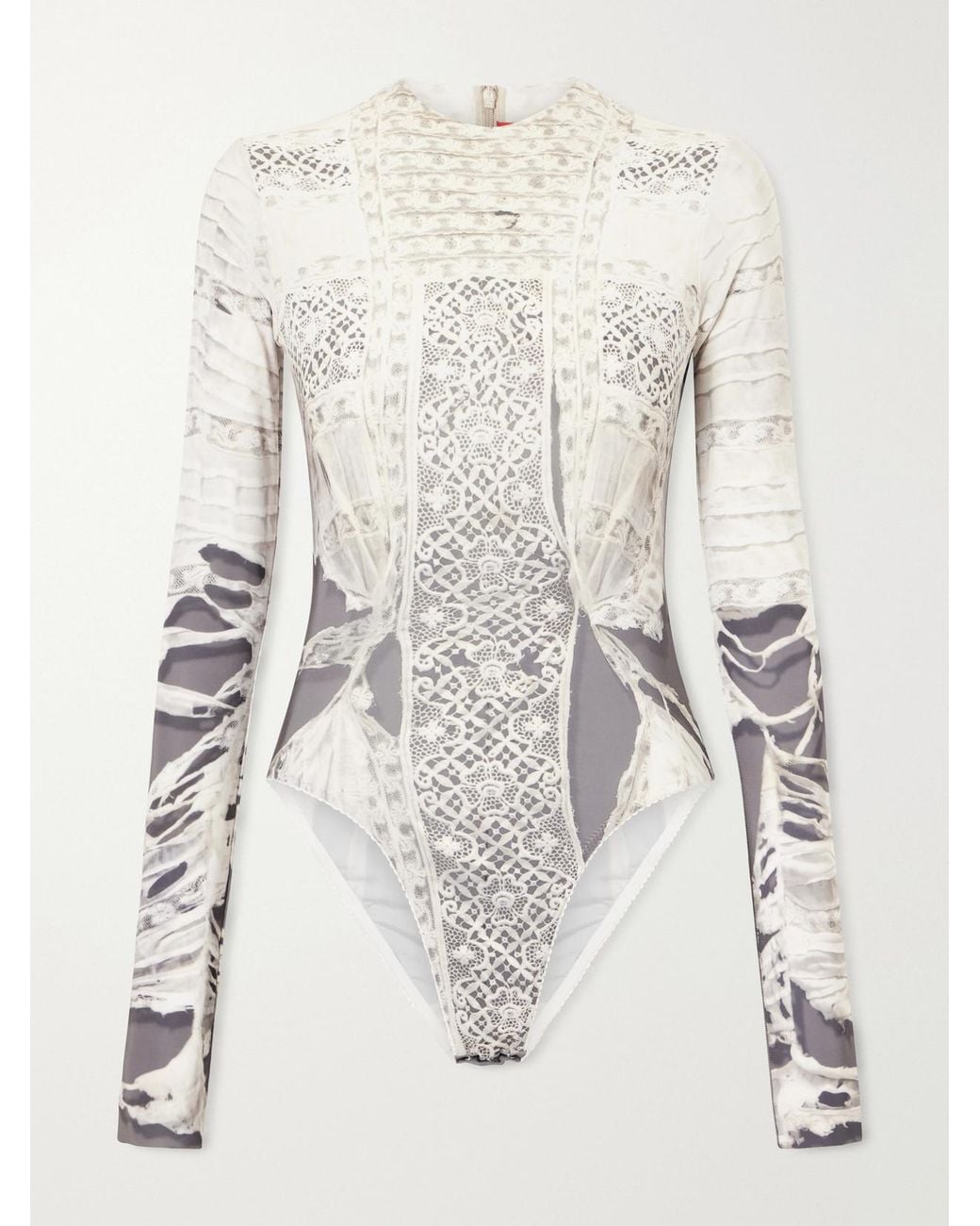 Dilara Findikoglu Natural Past Edges Printed Lace-Trimmed Stretch-Jersey Bodysuit