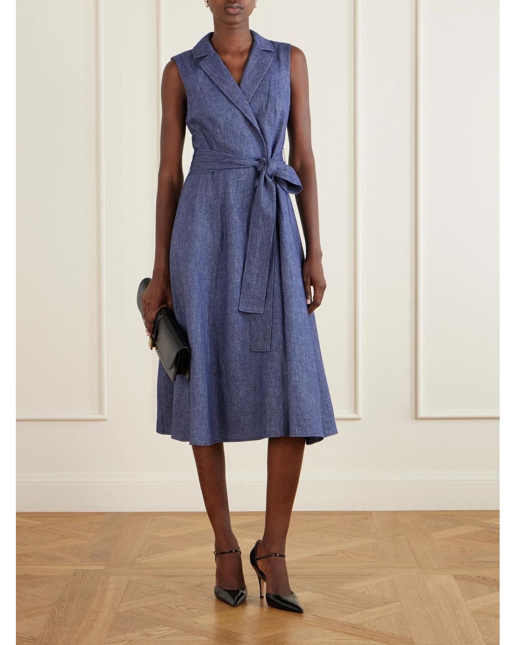 Carolina Herrera Blue Belted Linen, Wool, Cashmere And Silk-Blend Midi Dress