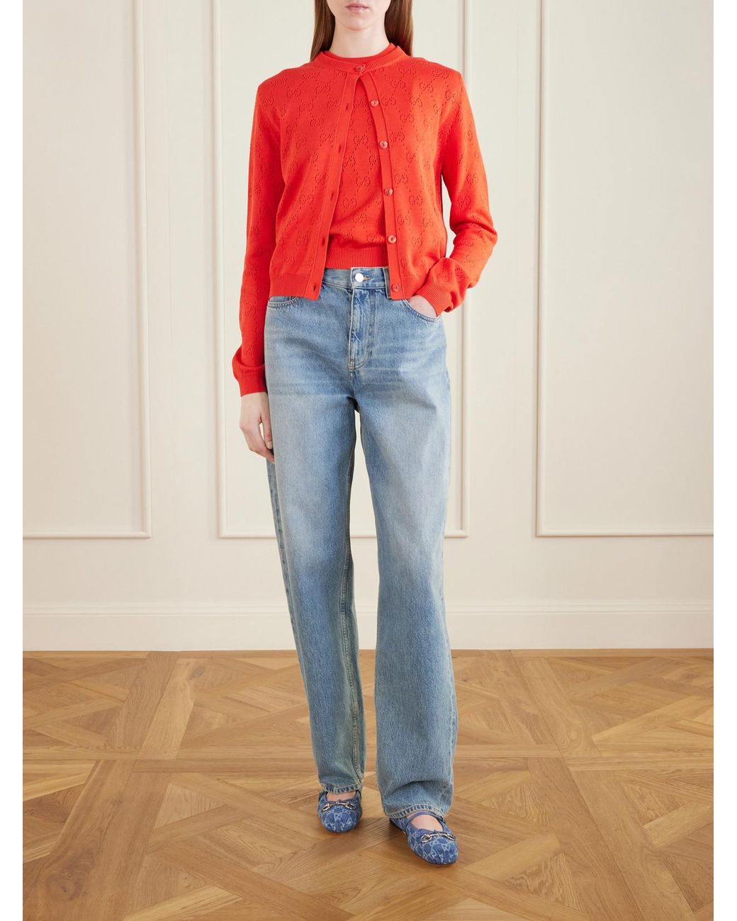 Gucci Blue Horsebit Ballerina Leather-Trimmed Denim Flats