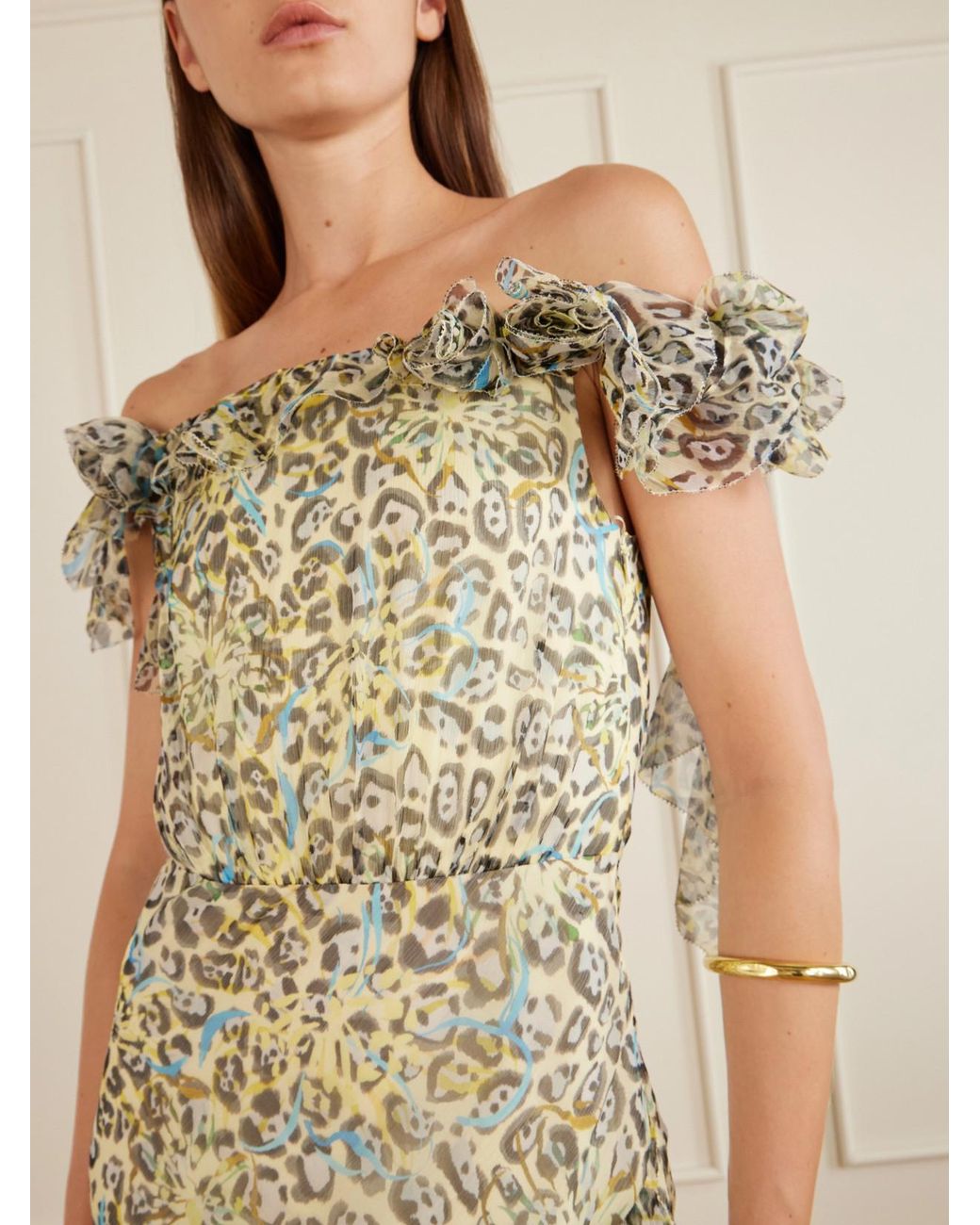 Saloni Green Nina Off-The-Shoulder Ruffled Printed Silk Gown