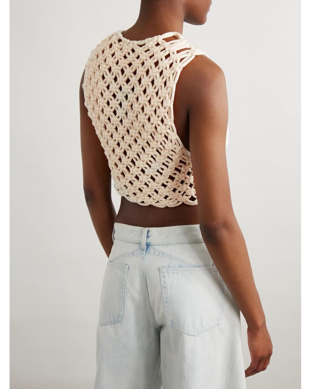 Alaïa Natural Cropped Open-Knit Cotton-Blend Tank