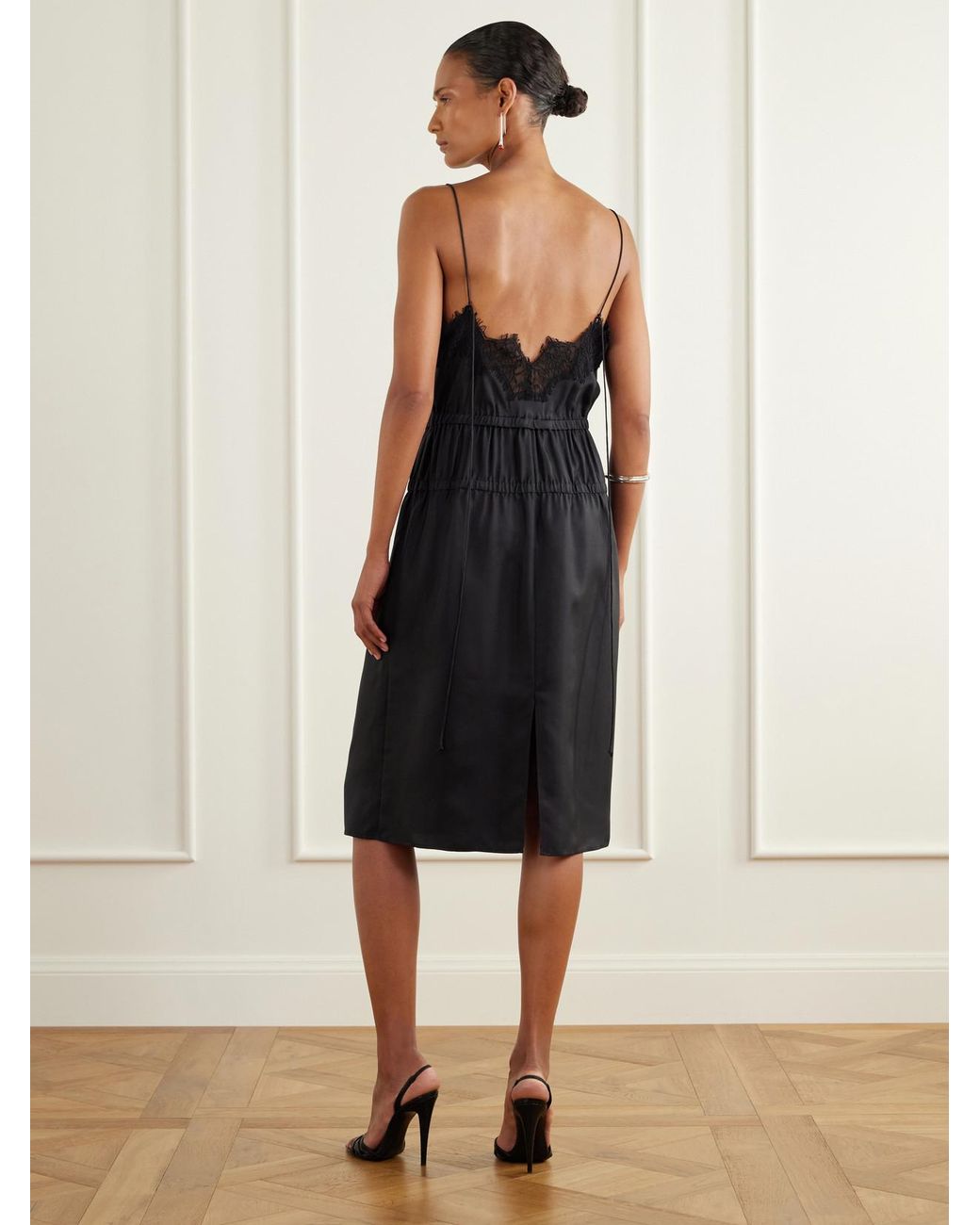 Rohe Black Camura Lace-Trimmed Shirred Silk-Satin Midi Dress