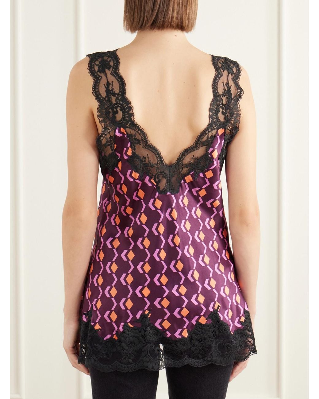 Rabanne Red Printed Lace-Trimmed Silk-Satin Cami