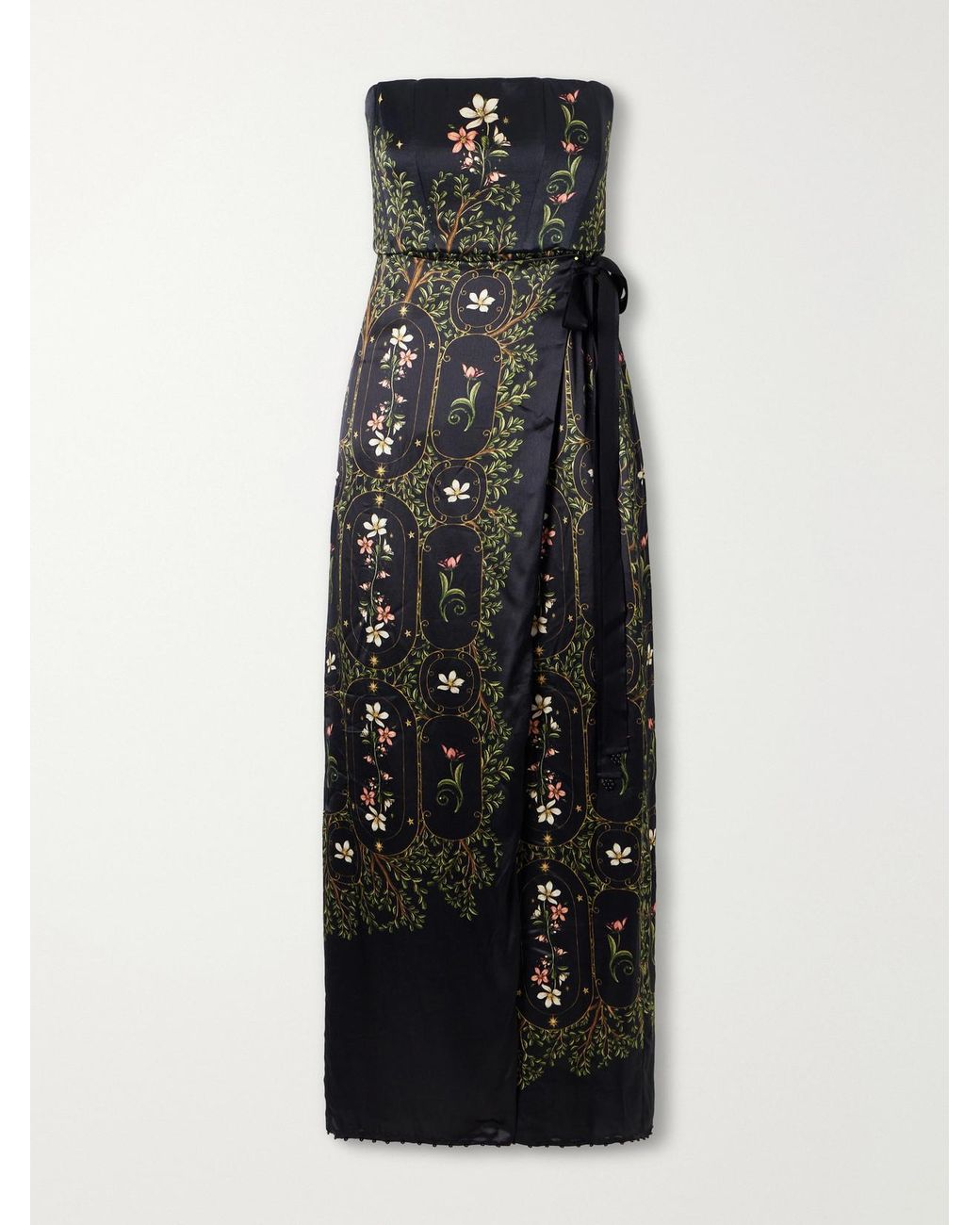 Agua Bendita Black Floral-Print Embellished Satin Midi Dress
