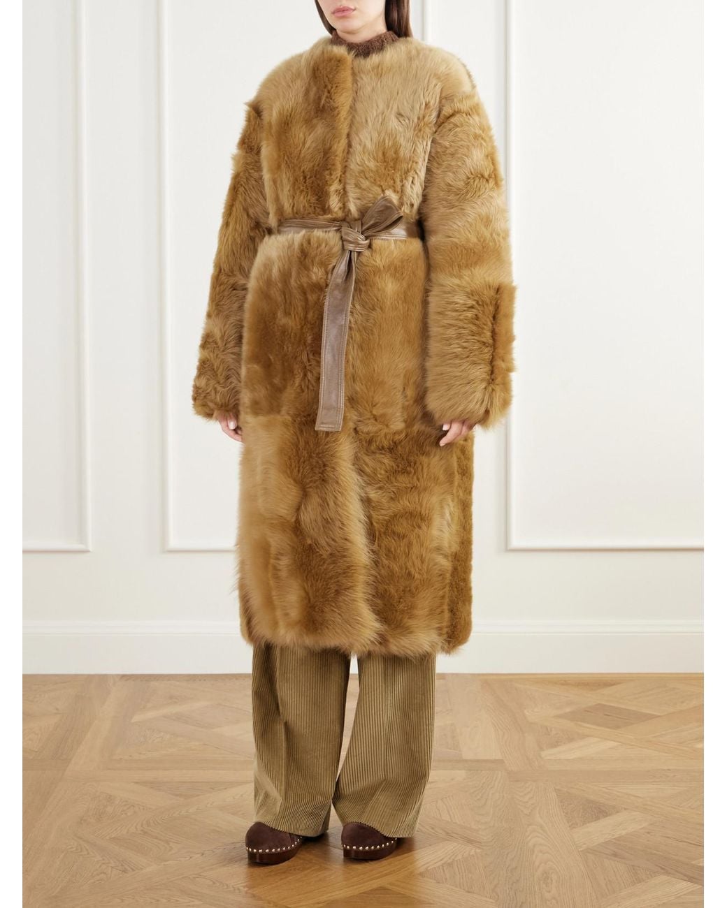 FFORME Natural Demi Reversible Belted Collarless Shearling Coat