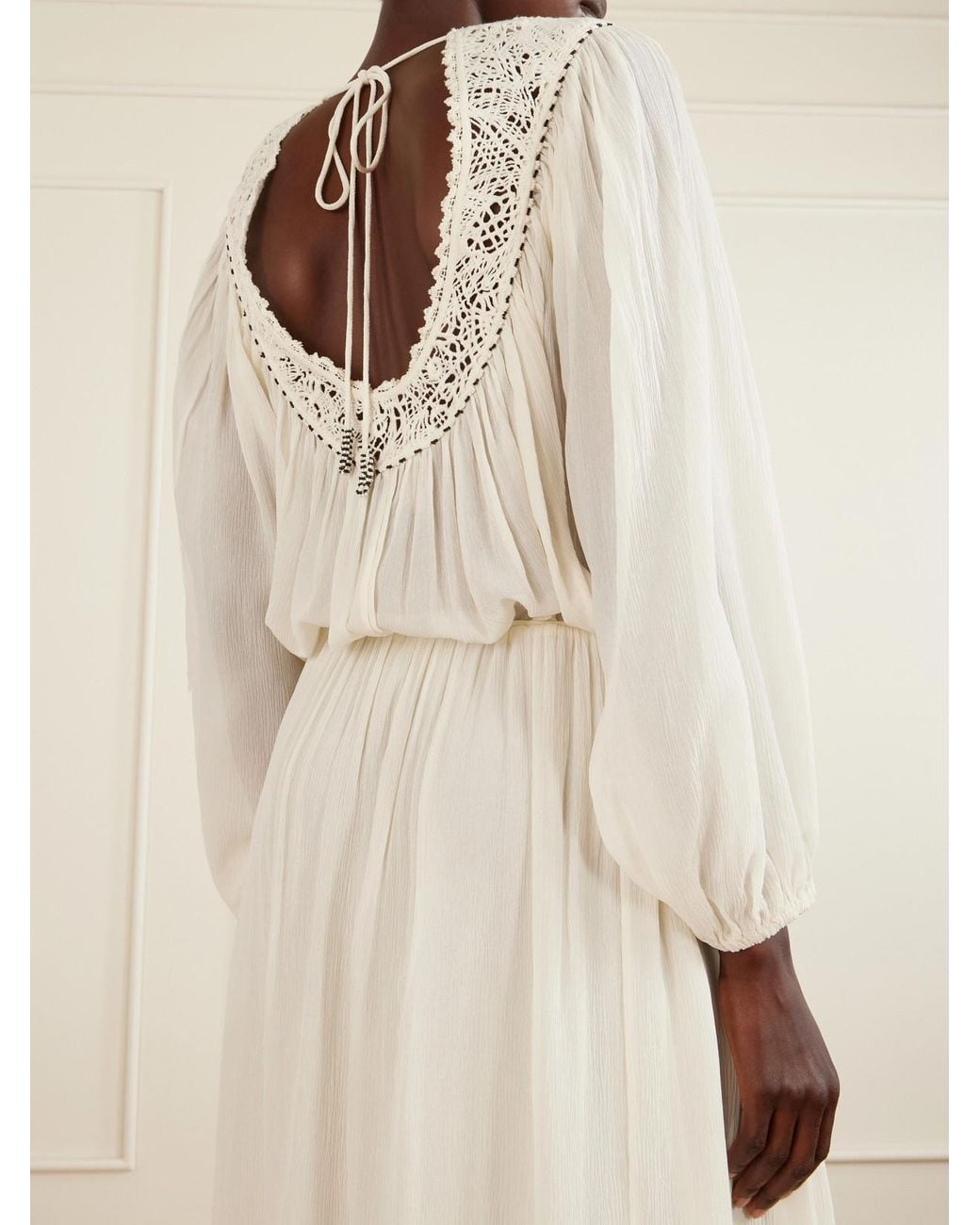 Isabel Marant White Nydia Lace-Trimmed Bead-Embellished Silk-Chiffon Midi Dress