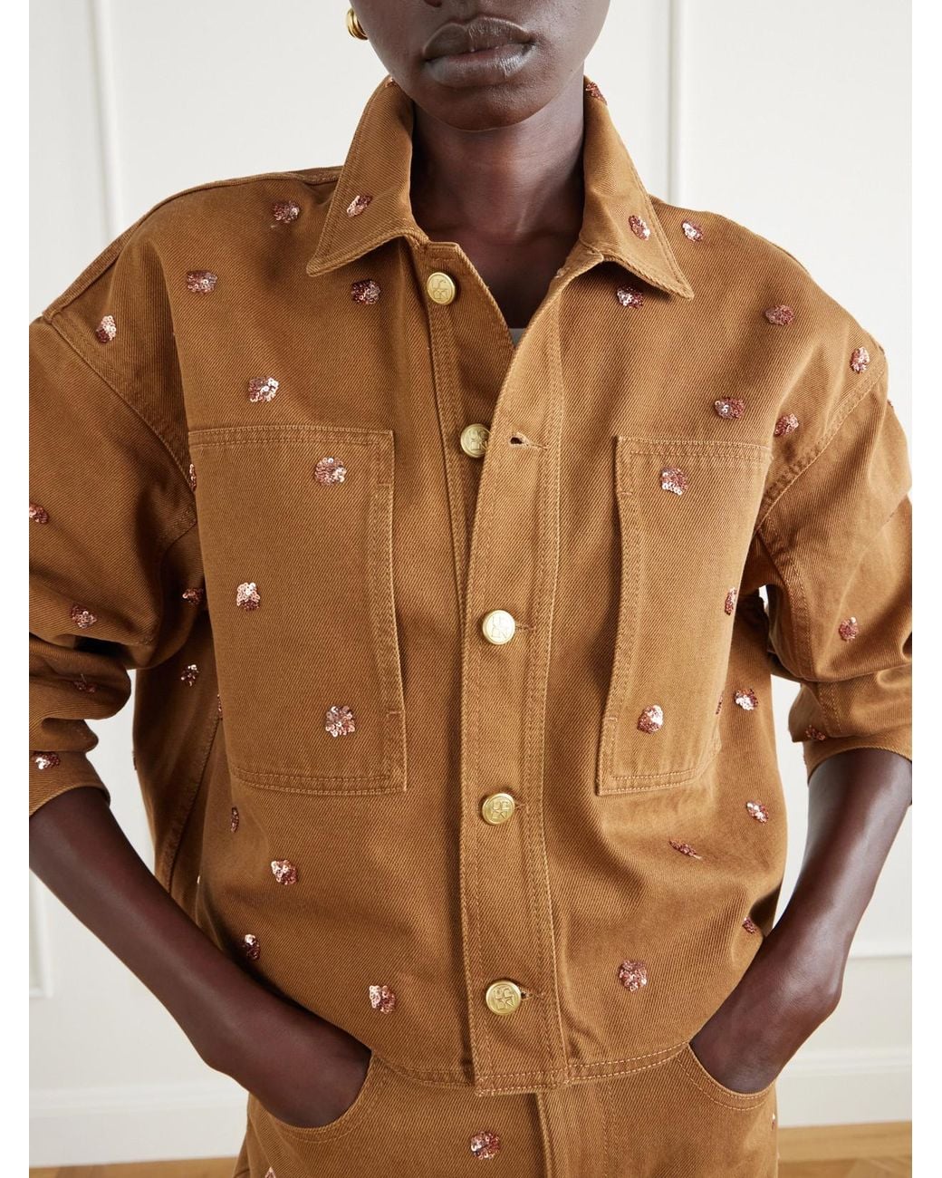 Ulla Johnson Brown The Bobbi Cropped Sequin-Embellished Denim Jacket