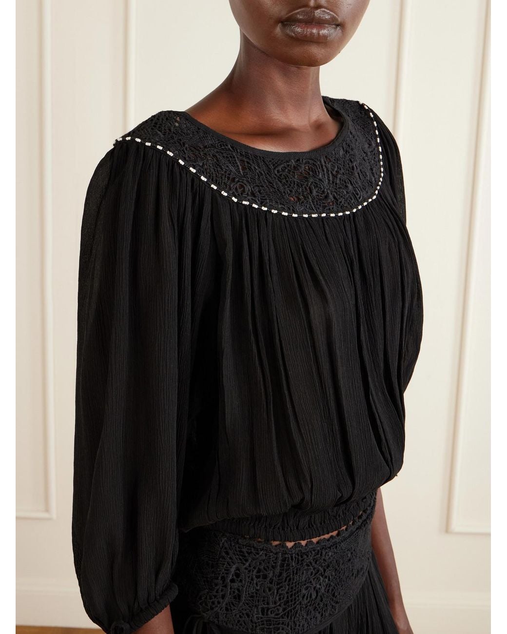 Isabel Marant Black Nelida Lace-Trimmed Silk-Gauze Blouse