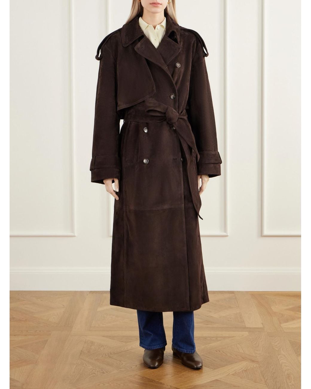 Almala Brown Sienna Paneled Suede Trench Coat