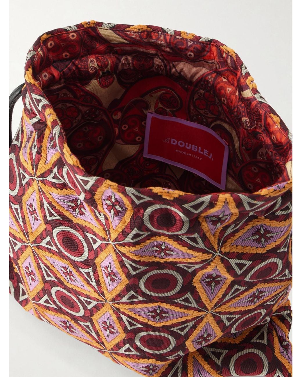 LaDoubleJ Red Drawstring Leather-Trimmed Jacquard-Knit Clutch