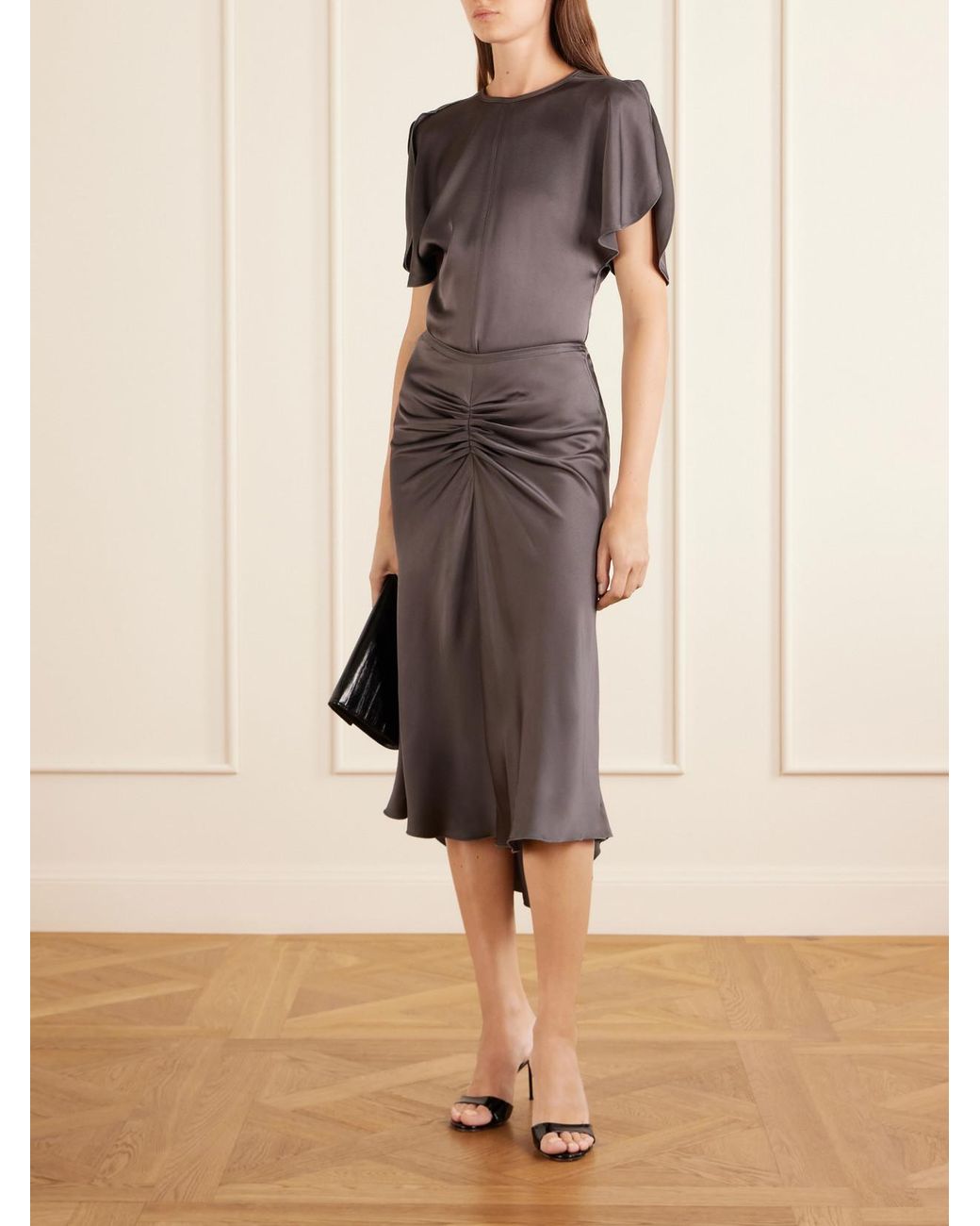 Victoria Beckham Gray Bela Ruched Satin Midi Skirt