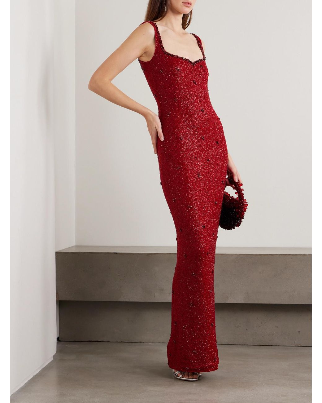 Clio Peppiatt Red Sophia Embellished Stretch-Mesh Gown
