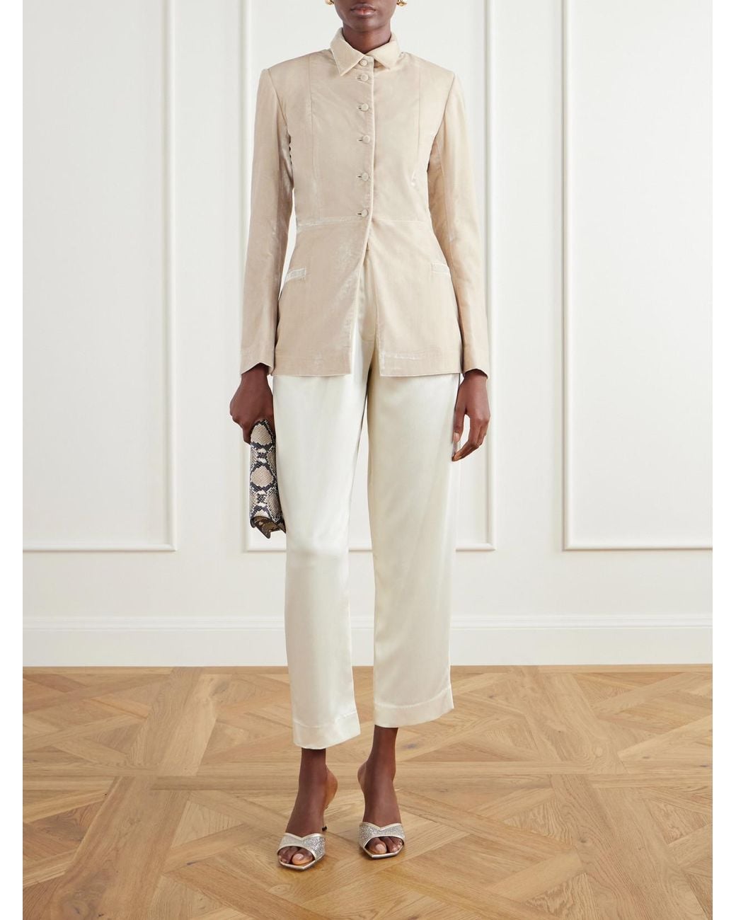 Abadia White Pleated Satin High-Waist Barrel-Leg Pants