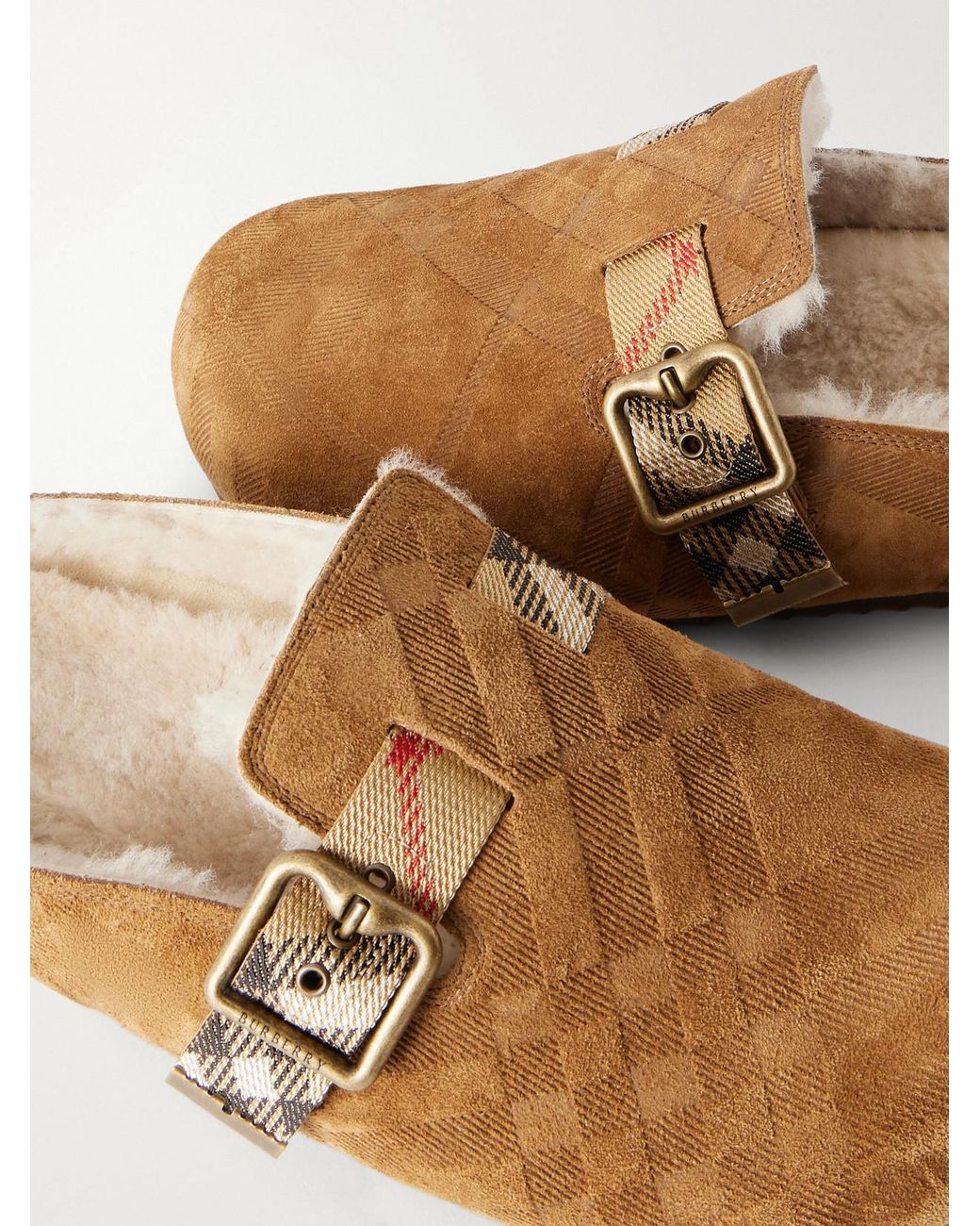 Burberry Brown Urchin Check Shearling-Trimmed Clogs