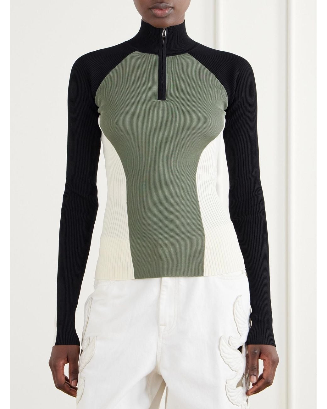 Zimmermann Green Clash Ribbed Jersey Half-Zip Sweater