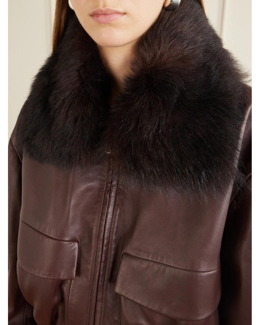 Nour Hammour Brown Ellery Cropped Shearling-Trimmed Leather Bomber Jacket