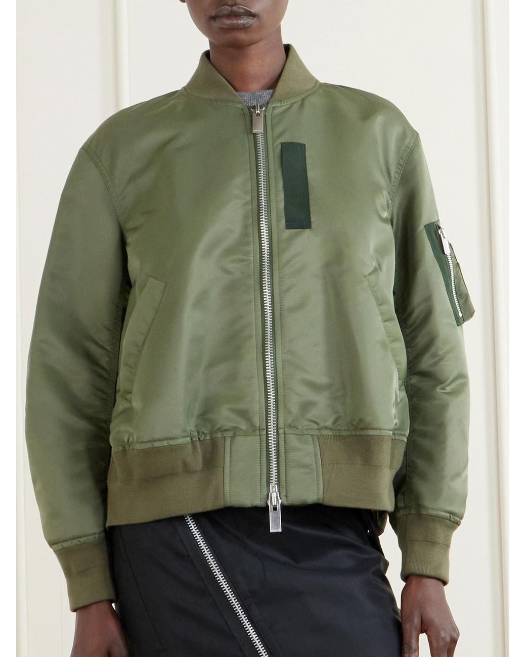 Sacai Green Pleated Padded Shell Bomber Jacket