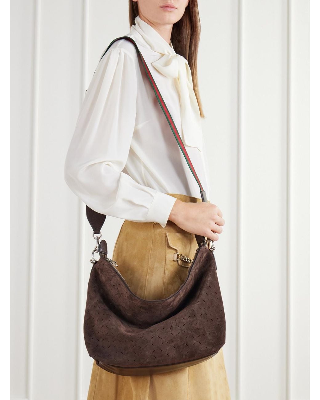 Gucci Brown Brera Web-Trimmed Perforated Suede Shoulder Bag