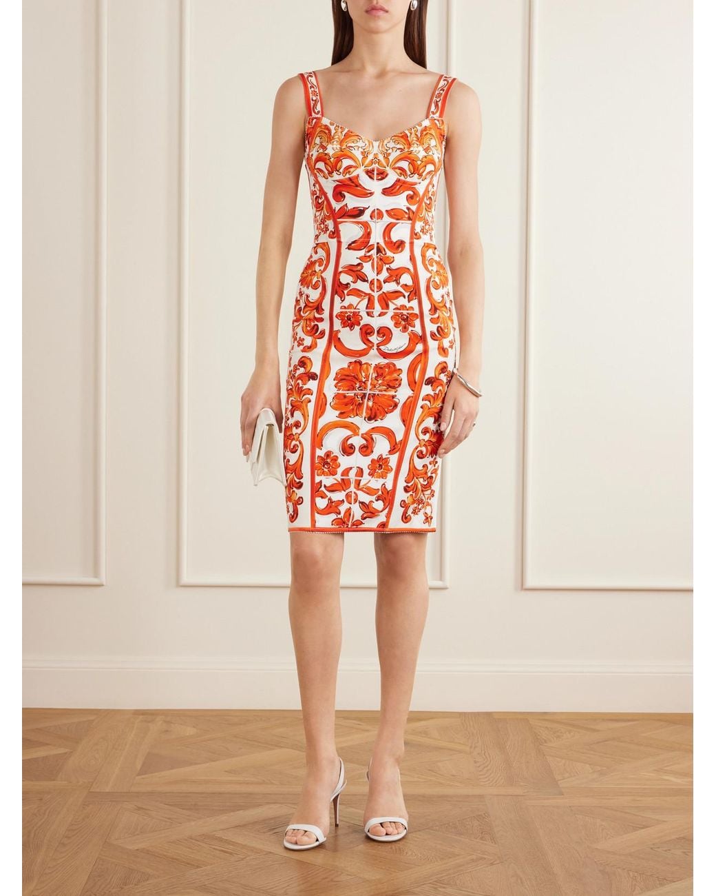 Dolce & Gabbana White Printed Silk-Blend Charmeuse Mini Dress