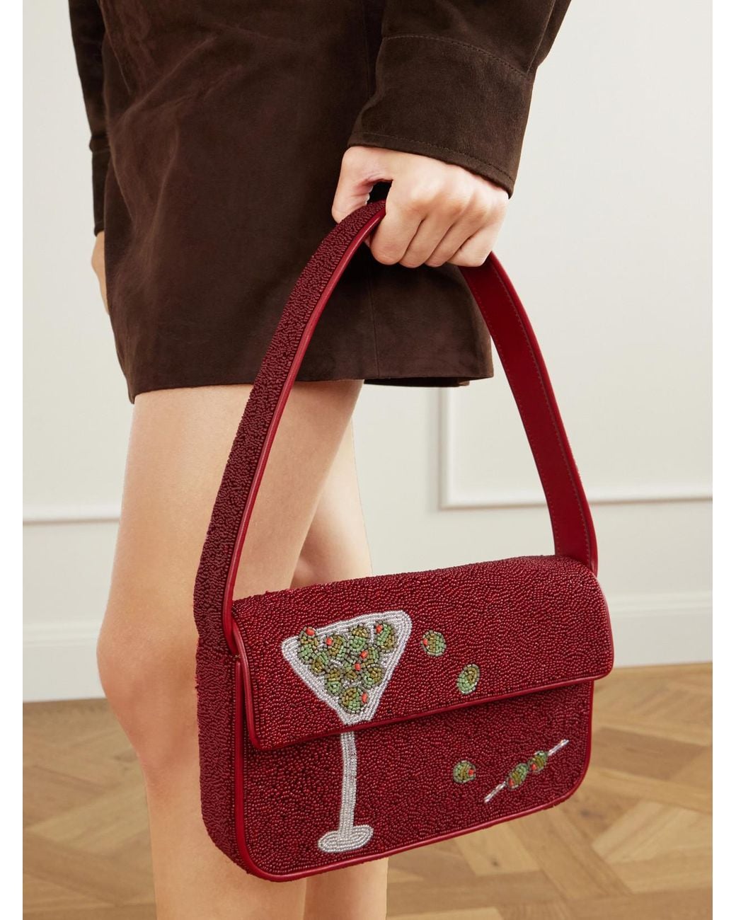 Staud Red Tommy Bead-Embellished Shoulder Bag