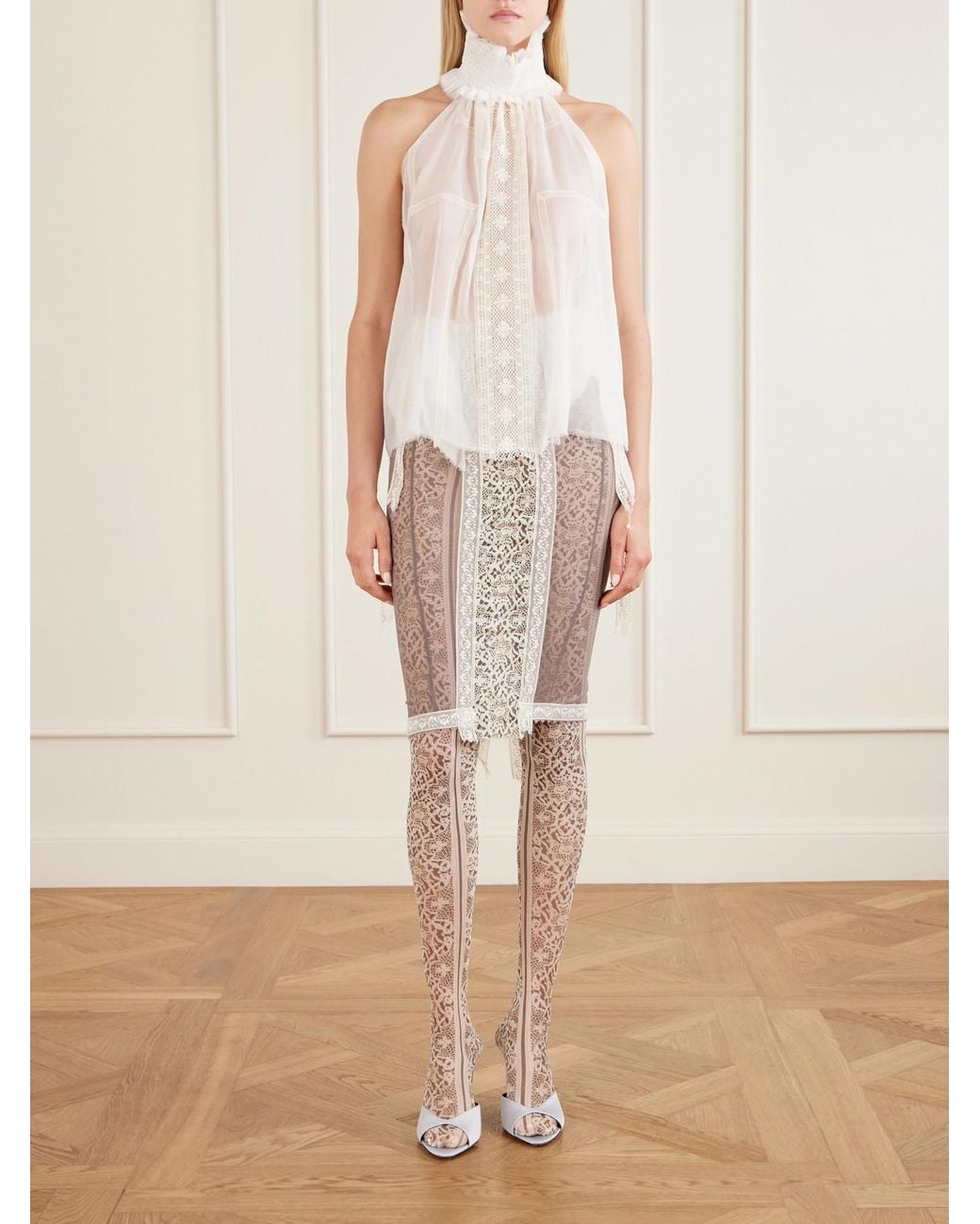 Dilara Findikoglu White Mask Of Pleasing Lace-Trimmed Silk Blouse