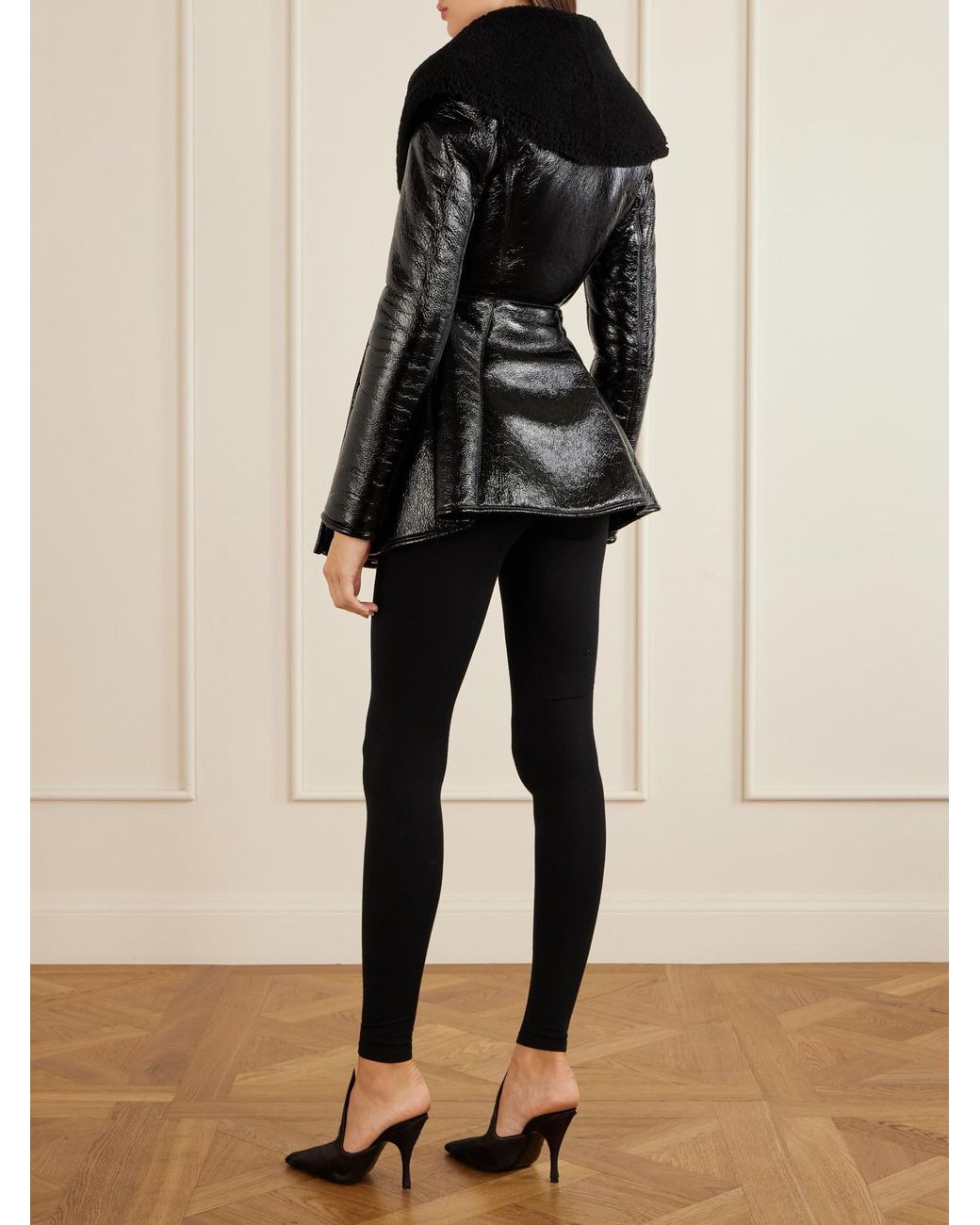 Alaïa Black Double-Breasted Paneled Shearling-Trimmed Glossed-Leather Coat