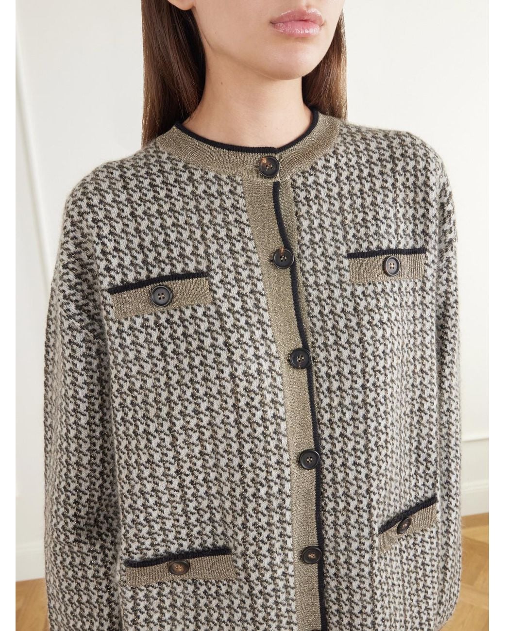 Brunello Cucinelli Gray Rib-Trimmed Houndstooth Knitted Cardigan