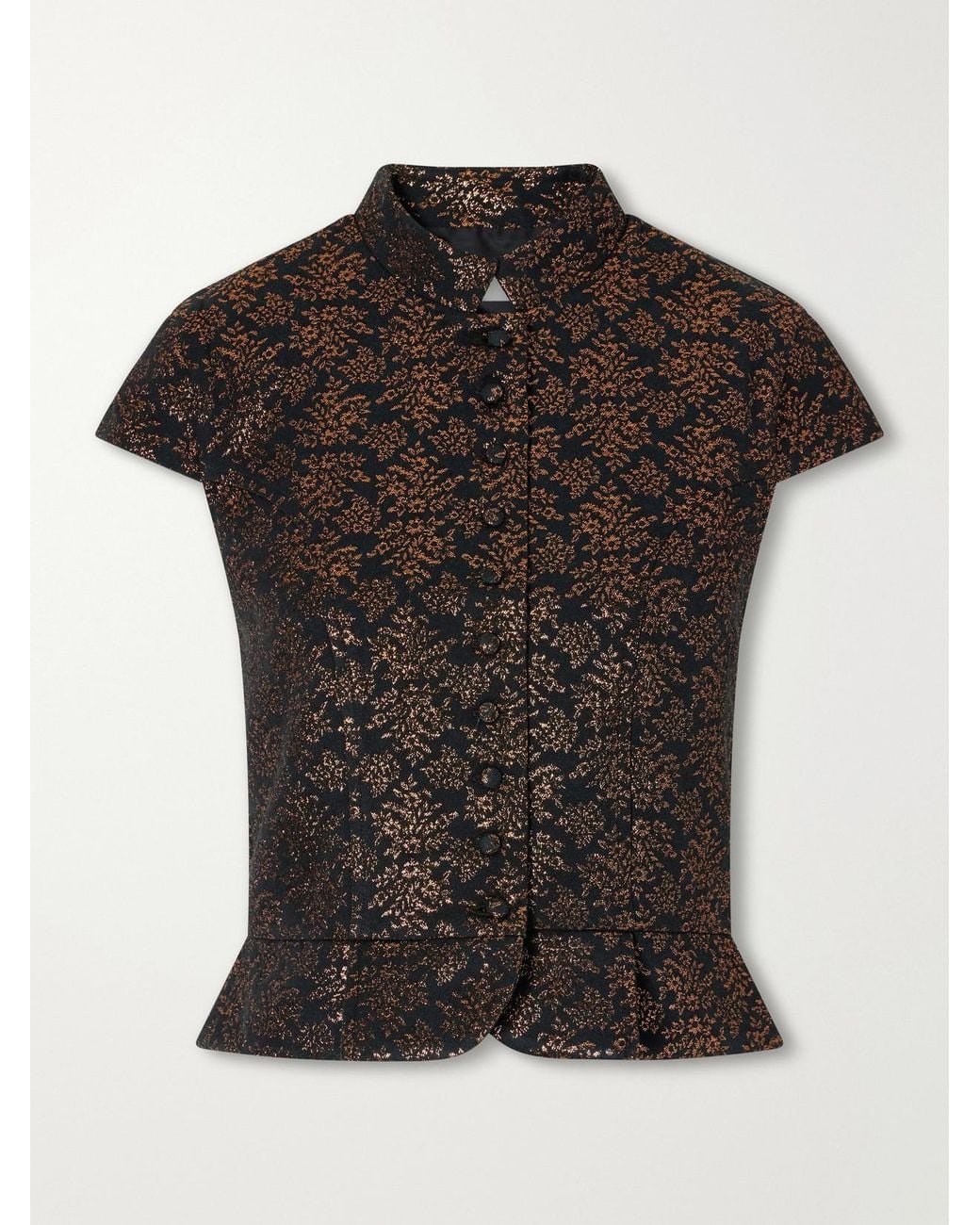 D'Estree Black Amoako Peplum Floral-Jacquard Brocade Blouse