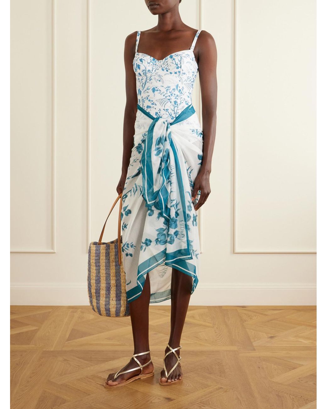 Erdem Blue Floral-Print Swimsuit