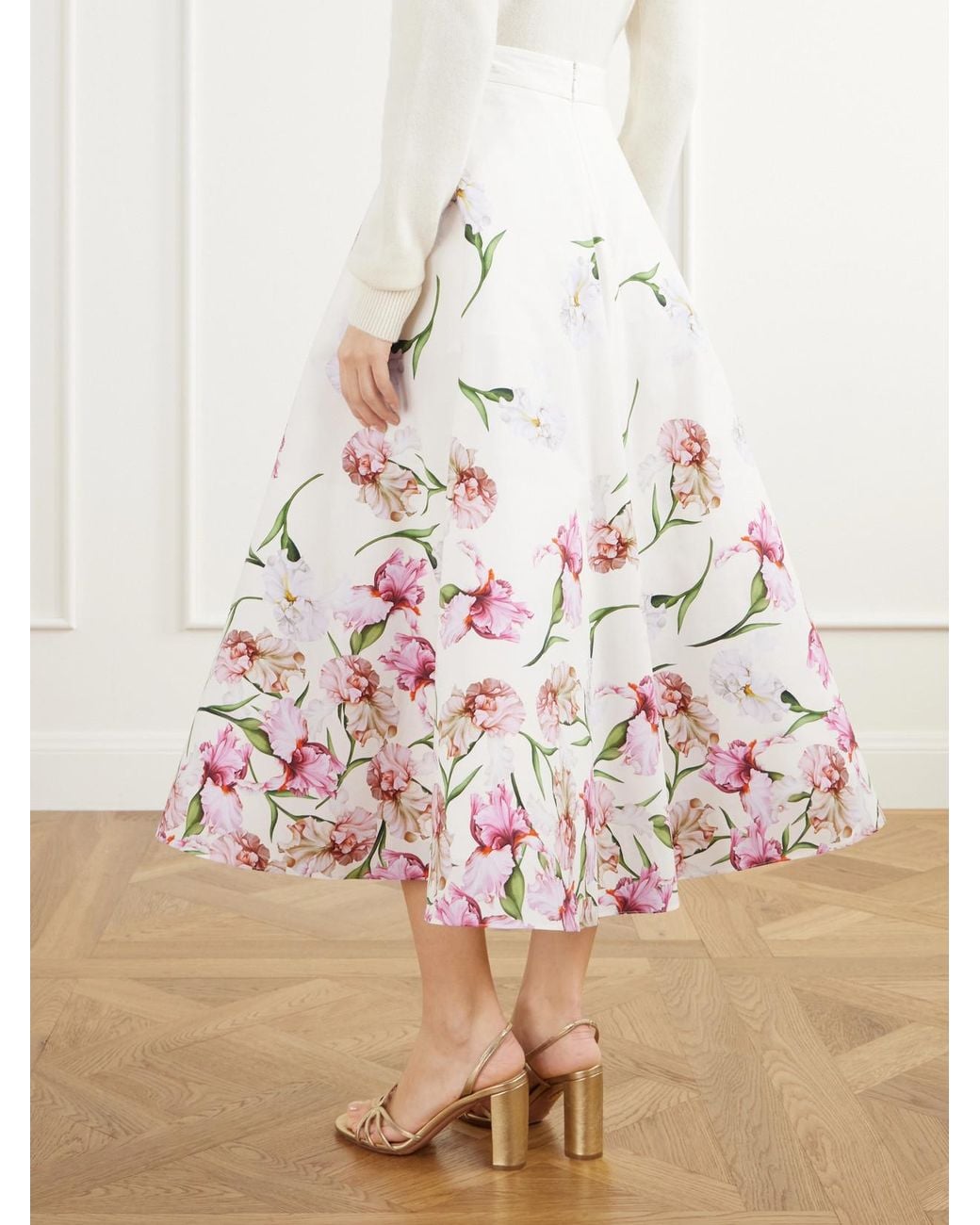 Oscar de la Renta Natural Floral-Print Cotton-Blend Poplin Midi Skirt