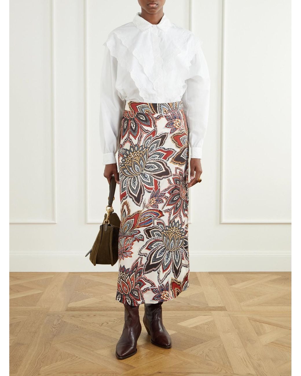Farm Rio White Floral-Print Satin Maxi Skirt