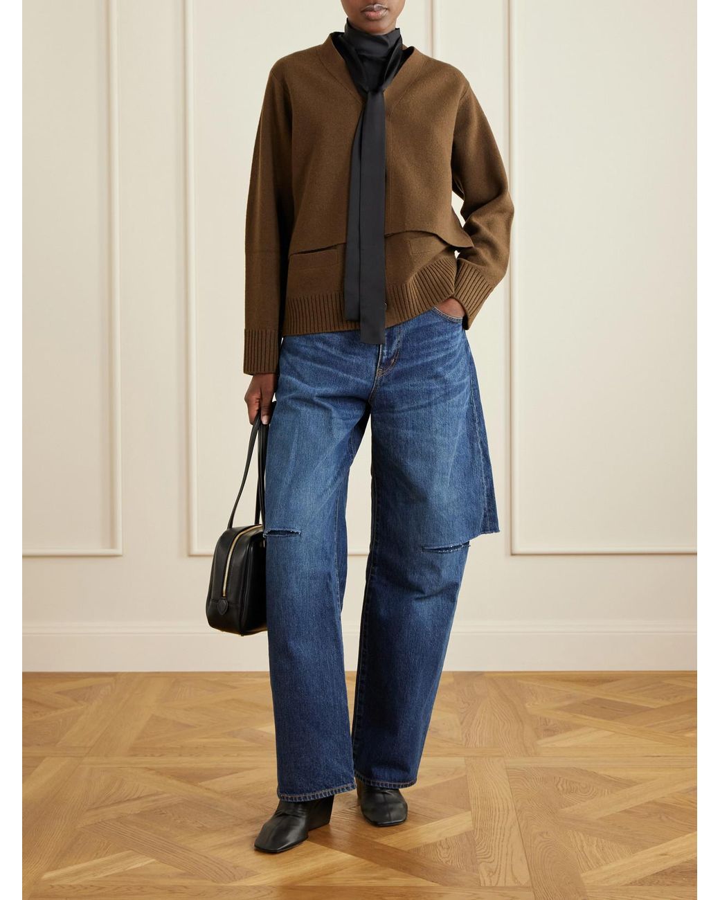 Sacai Blue Belted Cut-Out Mid-Rise Wide-Leg Jeans