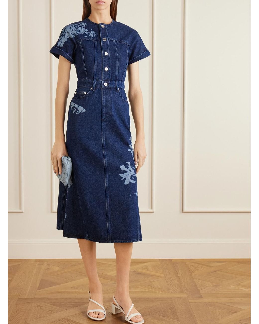 Erdem Blue Floral-Print Denim Midi Dress