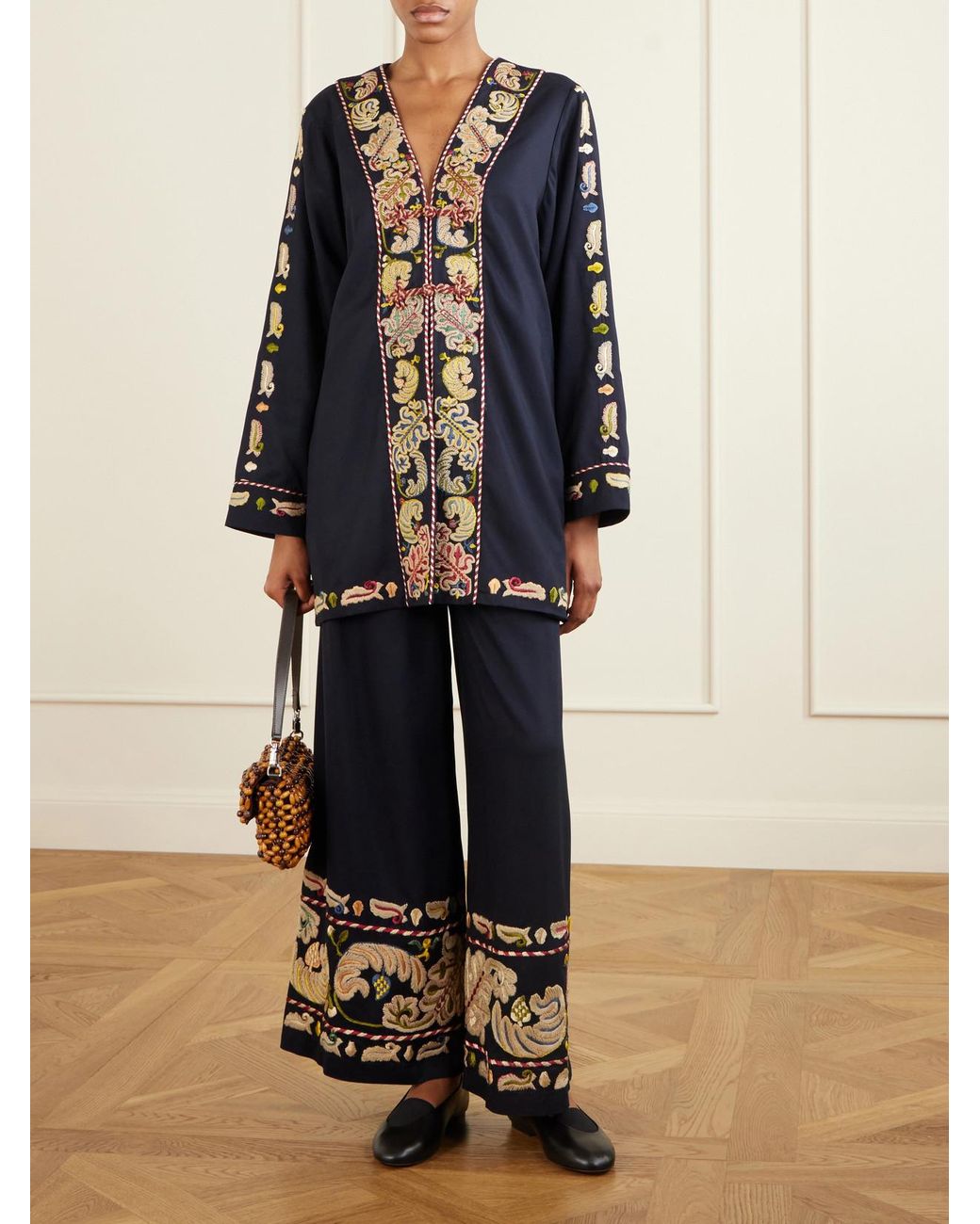 Bode Blue Feather Runner Embroidered Cotton-Blend Flared Pants