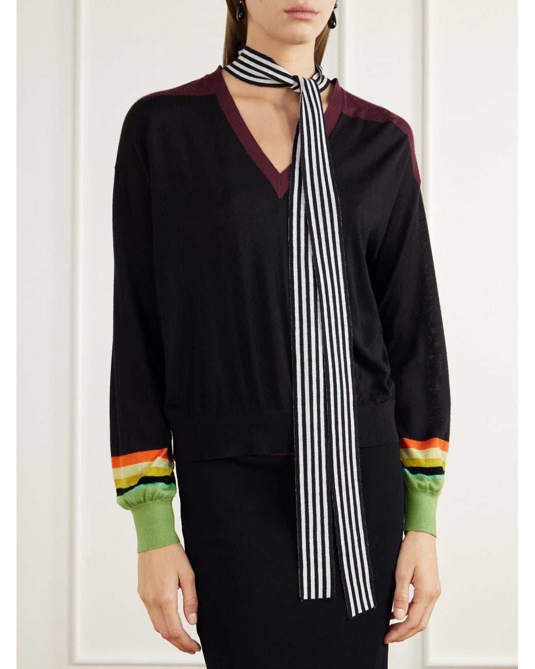 Christopher John Rogers Black Tie-Detailed Striped Wool And Silk-Blend Sweater